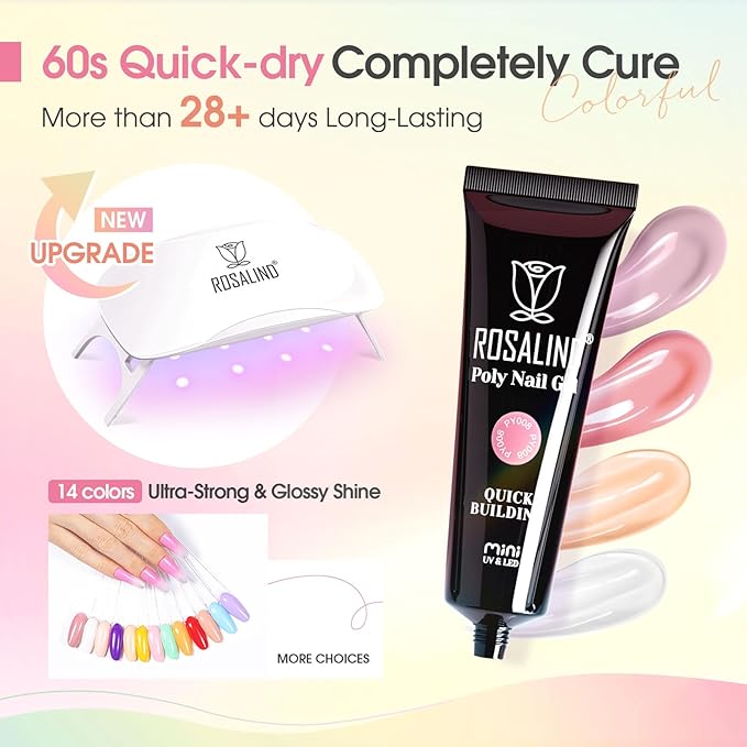 ROSALIND Poly Nail Gel Kit -14 Colors Nail Art Accessories kit Clear Nude Nail Extension Gel Starter with Slip Solution White Nude Pink Nail Extensions Gels Set with Mini UV Lamp-VivaGrace Women