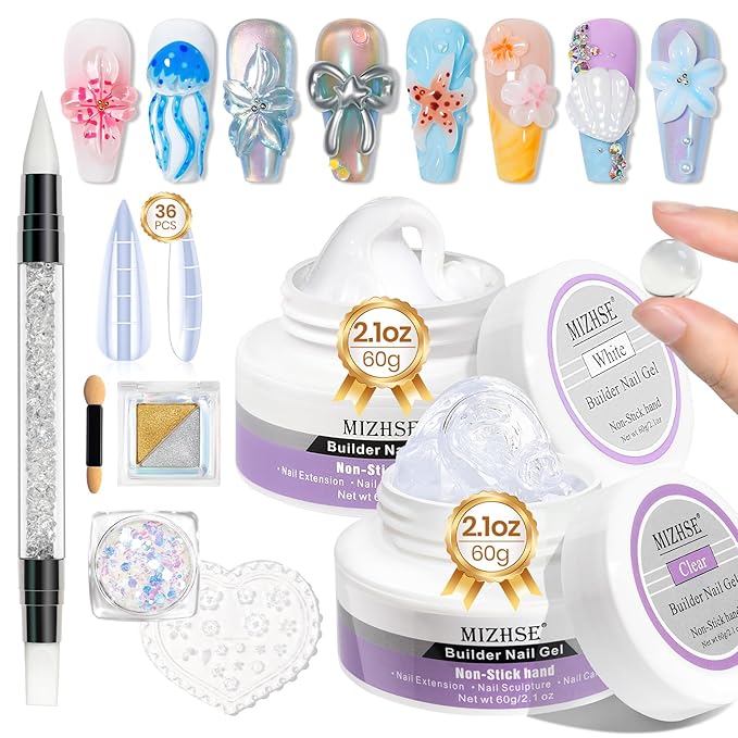 MIZHSE 2PCS 60g Clear and White Solid Builder Gel for Nails, 3D Sculpting Gel for Nail Art with Gold Silver Chrome Powder Nail Form Molding Builder Gels Kit for Women Home DIY Manicure-VivaGrace Women