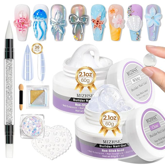 MIZHSE 2PCS 60g Clear and White Solid Builder Gel for Nails, 3D Sculpting Gel for Nail Art with Gold Silver Chrome Powder Nail Form Molding Builder Gels Kit for Women Home DIY Manicure-VivaGrace Women