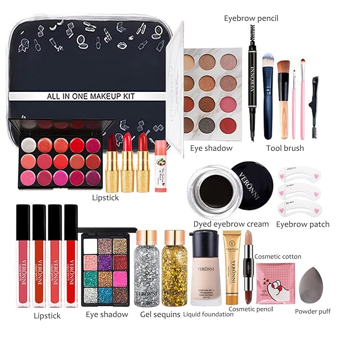 All-in-One Makeup Gift Set Carry All Makeup Kit Women Full Kit With Makeup Bag Concealer Lipgloss Lipstick Blush Foundation Face Powder Eyeshadow Palette Cosmetic Palette #5-VivaGrace Women