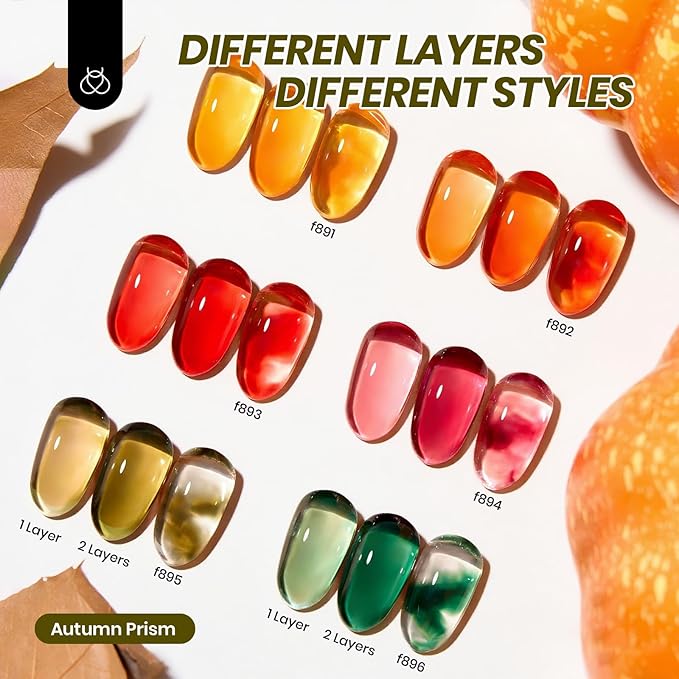 Beetles Jelly Gel Nail Polish Set - 6 Colors Yellow Orange Burgundy Red Purple Green Fall Gel Polish Kit Sheer Translucent Effect Soak off UV Nail Art Autumn Prism Series Manicure Gift for Women-VivaGrace Women