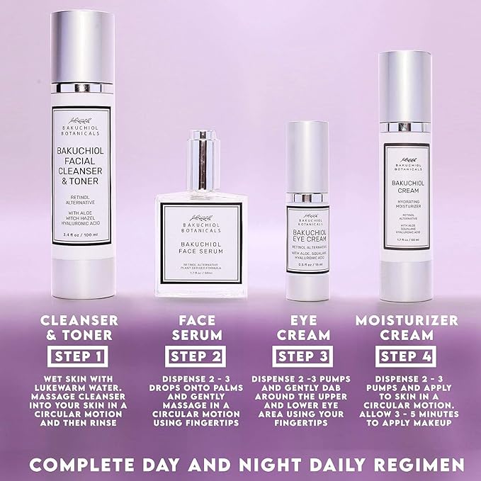 Bakuchol Botanicals Gift Set with Travel Case, Includes Face Serum, Toner & Cleanser All-in-One, Eye Cream, Moisturizer-VivaGrace Women