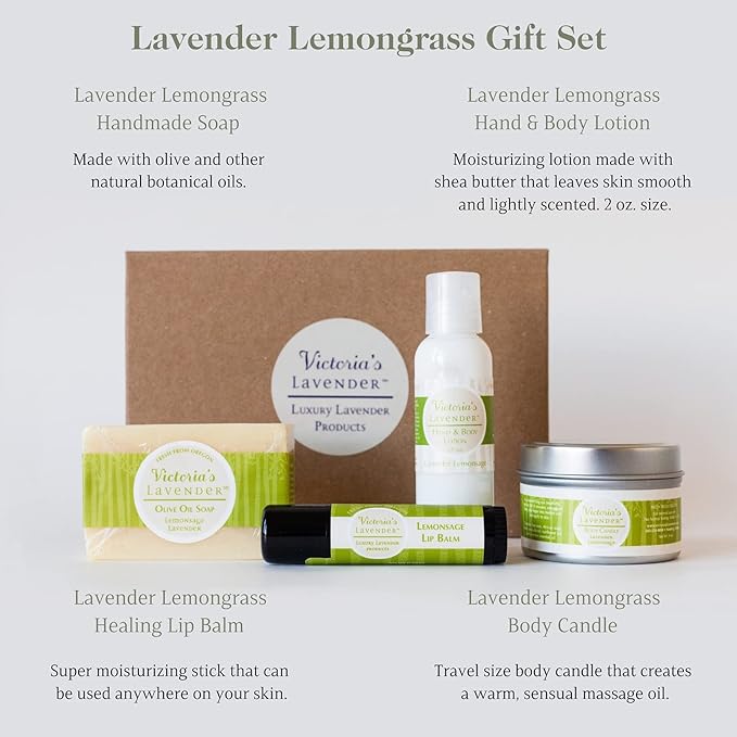 Victoria's Lavender Natural Body Products Gift Set - Handmade Soap, Hand & Body Lotion, Lip Balm, Body Candle Skin Care Sets & Kits, Lavender Bath and Body Products for Women, Lavender Lemongrass-VivaGrace Women