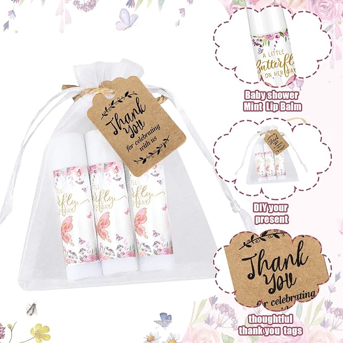 Demissle 50 Pcs Baby Shower Lip Balm Gift Set with 100 Pcs Organza Bags Baby Shower Party Favor for Guest Thank You Tag Rope Baby Shower Party Decoration Gender Reveal Souvenirs (Butterfly)-VivaGrace Women