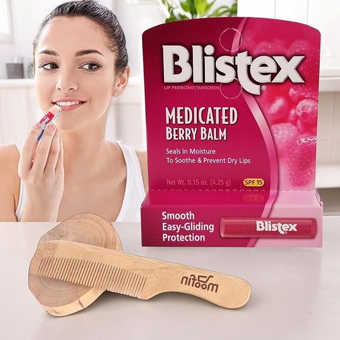 Blistex Medicated Lip Balm Medicated Lip Balm SPF15, 0.15 oz - Berry Flavor, Soothing Balm Stick Bundle with Moofin Wooden Comb - Sun Protection Medicated Lip Balm for Dry Cracked Lips, Chapped Lips-VivaGrace Women