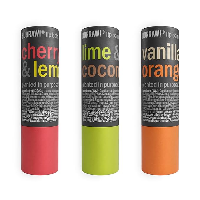 Hurraw! Cherry Lemon, Lime Coconut, and Vanilla Orange Lip Balm 3 Pack Bundle: Plastic-Free with new cardboard push-up tube. Certified Organic, Natural & Vegan. Bee, Shea, Soy & Palm Free. Made in USA-VivaGrace Women