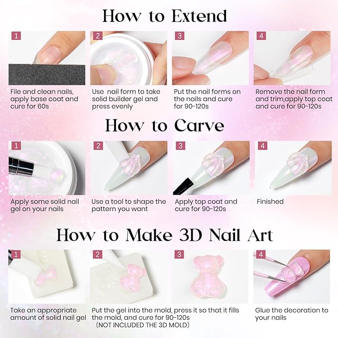 MIZHSE Solid Builder Gel, Aurora Pink & Clear Sculpting Gel for Nails, Non-Sticky 3D Nail Art Mermaid Pearl Building Carving Modeling Sculpture Hard Extension Manicure Salon Home DIY-VivaGrace Women