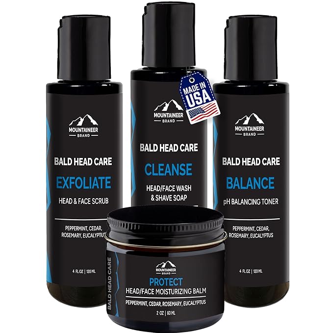 Mountaineer Brand Bald Head Care Gifts For Bald Men | All Natural 4 Step Daily Skin Care for Healthy Scalp & Face | Exfoliate Scrub | Cleanse Wash | Shine Away PH Balance | Protect Moisturizing Balm-VivaGrace Women