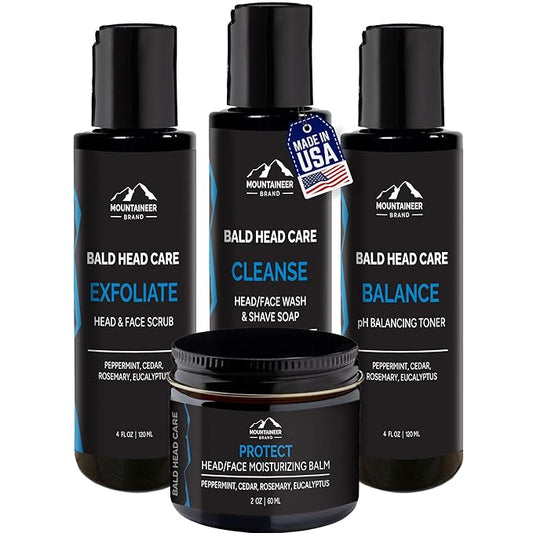 Mountaineer Brand Bald Head Care Gifts For Bald Men | All Natural 4 Step Daily Skin Care for Healthy Scalp & Face | Exfoliate Scrub | Cleanse Wash | Shine Away PH Balance | Protect Moisturizing Balm-VivaGrace Women