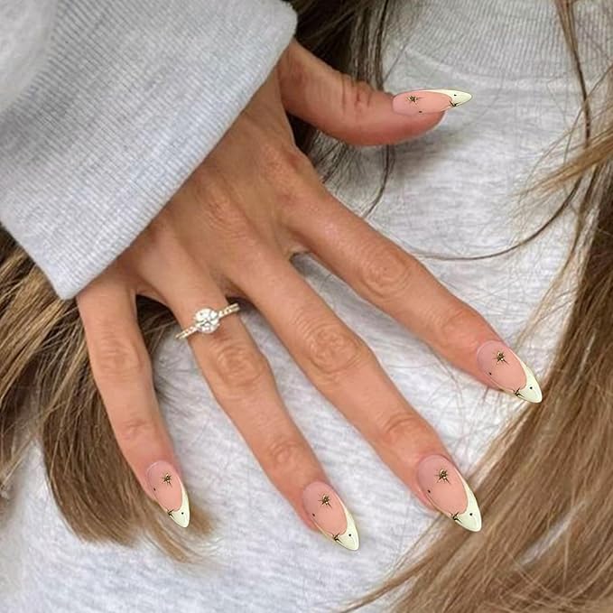 Almond Press on Nails Medium French Tip Fake Nails with Star Designs Acrylic False Nails Glossy Glue on Nails Cute Stick on Nails for Women and Girls