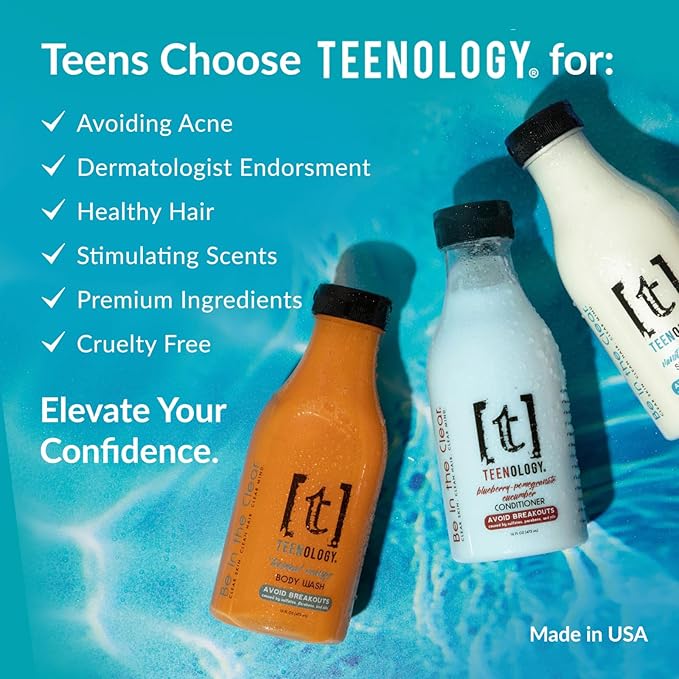 Teenology Shampoo for Teens - Avoid Forehead and Body Acne - No Sulfates or Parabens, Noncomedogenic, Natural Botanical Extracts, 16 oz. (Sweet Mint)-VivaGrace Women