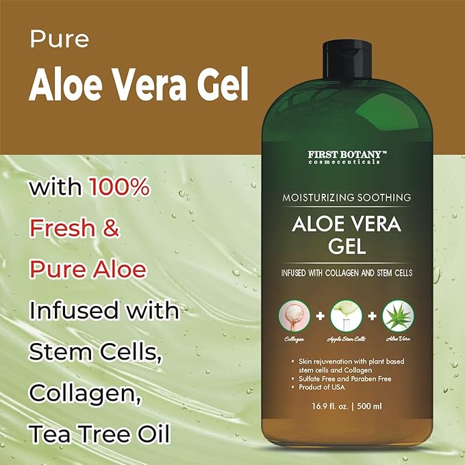 First Botany, Pure Aloe vera gel 100% Fresh Pure Aloe Infused with Stem Cells, Collagen Tea Tree Oil Natural Raw Moisturizer for Face Skin Body Hair Perfect for Sunburn, Acne, Razor Bumps 16.9 fl oz-VivaGrace Women