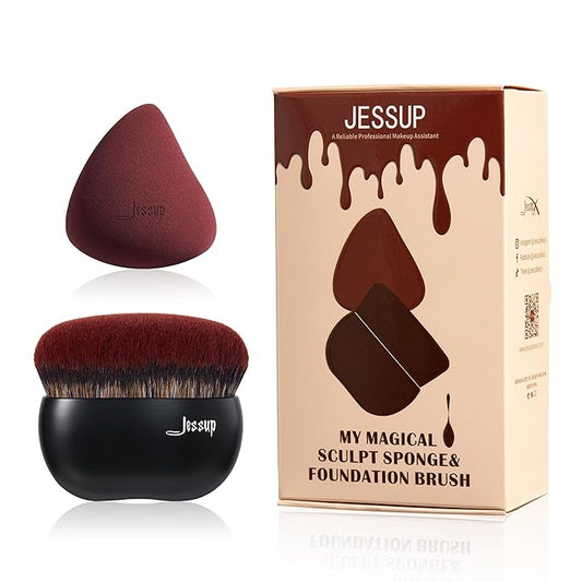 Jessup Foundation Brush with Makeup Sponge, Black Makeup Brush Flat Top Kabuki Brush for Liquid Blending Stippling, T881-VivaGrace Women