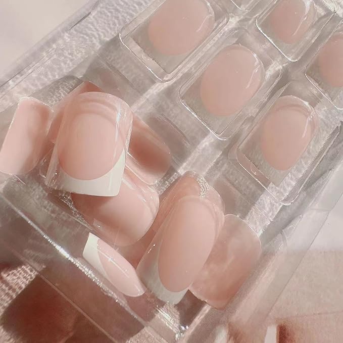 24Pcs French Short Press on Nails with Jelly Glue White French Tip Press On Acrylic Nails Nude Pink False Nail Tips Reusable Cute Finger Manicure Decorations for Women