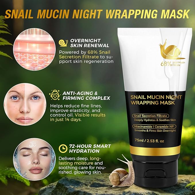 9000PPM Snail Mucin Overnight Wrapping Peel Off Mask for Intensive Hydrating, Skin Barrier Repairing, Reducing Sagging/Wrinkles/Fine Lines, 2.53 Oz/75 ML-VivaGrace Women