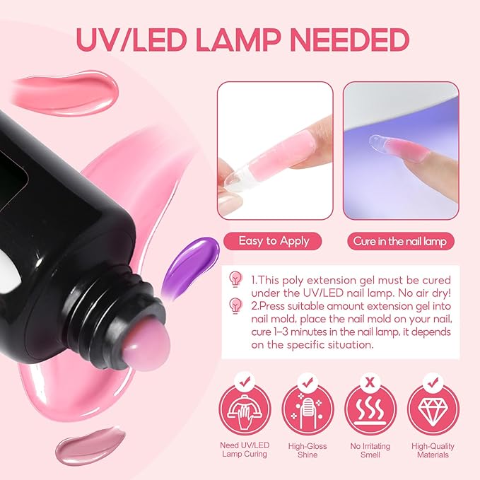 COSCELIA Poly Nail Gel Kit Starter Kit with U V Lamp 3PC Coscelia Poly Extension Gel for Beginners Clear Pink White Nail Art Quick Building Gel Manicure Kits Gift for Women DIY at Home-VivaGrace Women