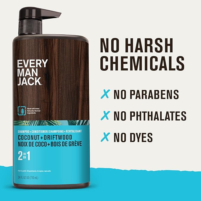 Every Man Jack 2-in-1 Daily Shampoo + Conditioner - Coconut & Driftwood | Nourishing For All Hair Types, Naturally Derived, Cruelty-Free Shampoo and Conditioner Set for Men | 24oz -1 Bottle-VivaGrace Women
