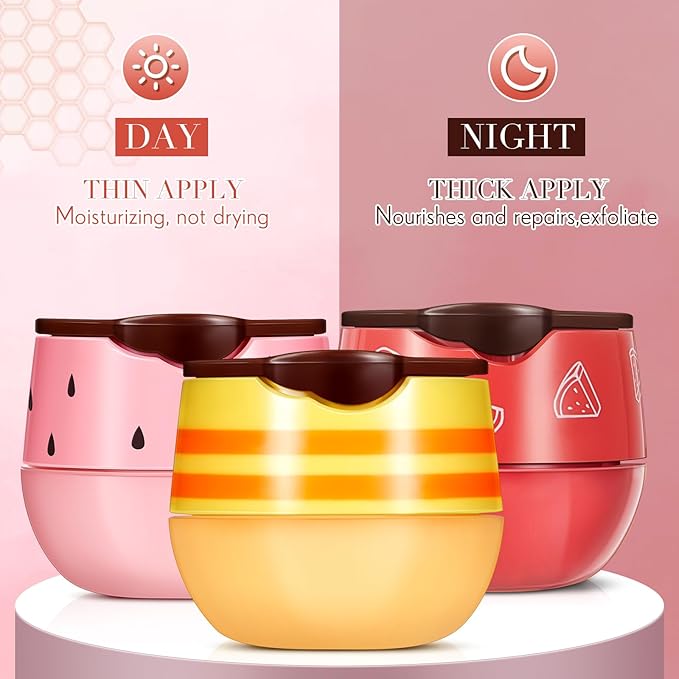 12 Pcs Bee Lip Balm Honey Pot with Brush Propolis Lip Mask Overnight, Moisturizing Hydrating Lip Sleeping Mask Prevention Dry and Cracked(Honey+Strawberry+Watermelon)-VivaGrace Women