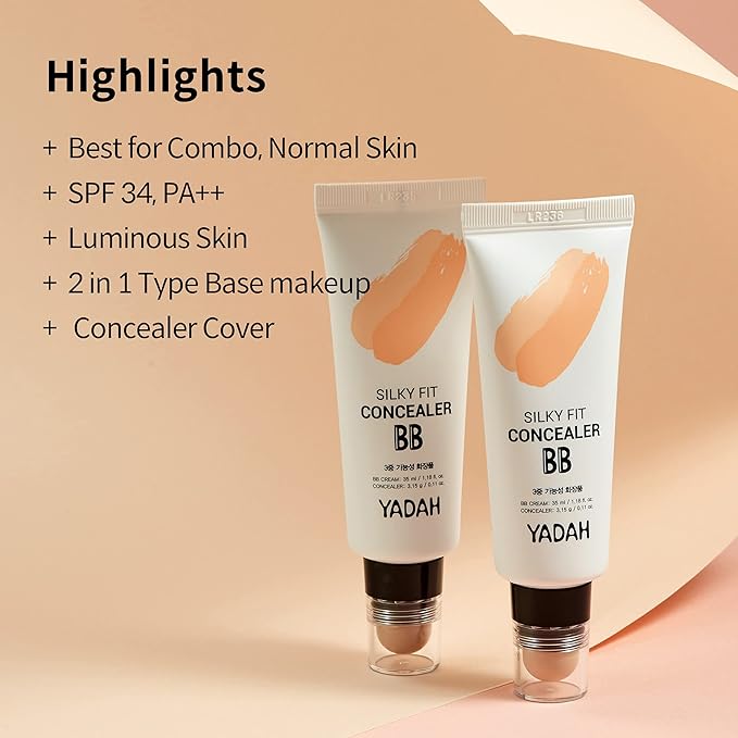 YADAH Silky Fit Concealer BB Cream (23 Natural Beige, 1.18fl oz) - 2-in-1 Korean Makeup for Flawless Skin, Tinted Moisturizer for Blemish Cover. Long-Lasting, All-Day Wear.-VivaGrace Women