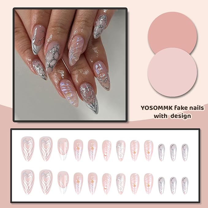 Press on Nails Medium Almond Fake Nails Glossy Glue on Nails Silver 3D Swirl Acrylic Nails Artificial False Nails with Luxury Designs for Women