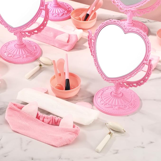 8 Set Spa Party Supplies for Girls Including 8 Heart Shaped Stand Mirrors 8 Jade Roller for Face 8 Face Brushes Kit 8 Face Mask Mixing Bowl 8 Headband for Sleepover Birthday Party Favors-VivaGrace Women