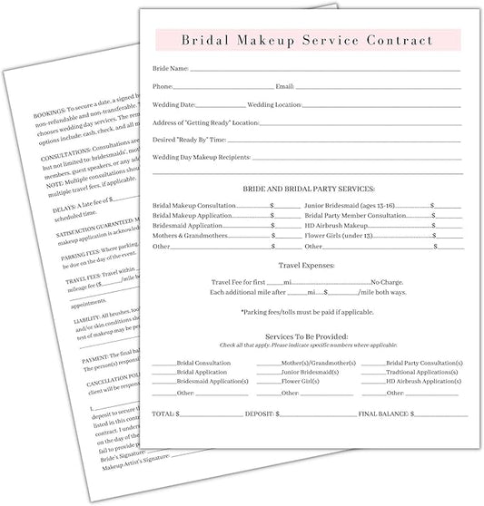 Bridal Makeup Service Contract | 100 Pack | 8.5 x 11" A1 Forms | Makeup Artist Supplies | Bridal Contract | White and Pink Forms-VivaGrace Women
