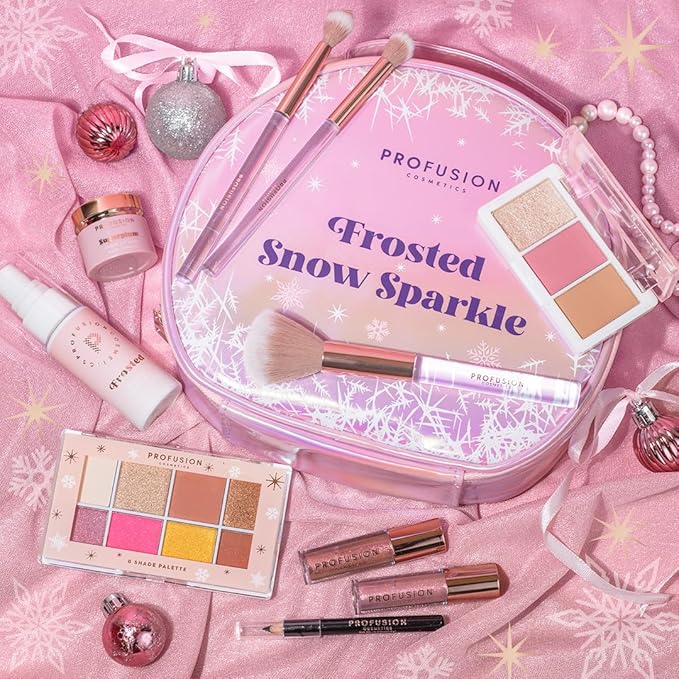 Profusion Cosmetics Frosted Snow Sparkle 19 PC Beauty Box, 1Pc Gorgeous Travel Bag, Eyeliner Pencil, Lip Gloss, Face Mist, 2Pc Lip Mask, 3 Pc Makeup Brushes and 3 Shade Face Palette, 8 Shade Palette-VivaGrace Women