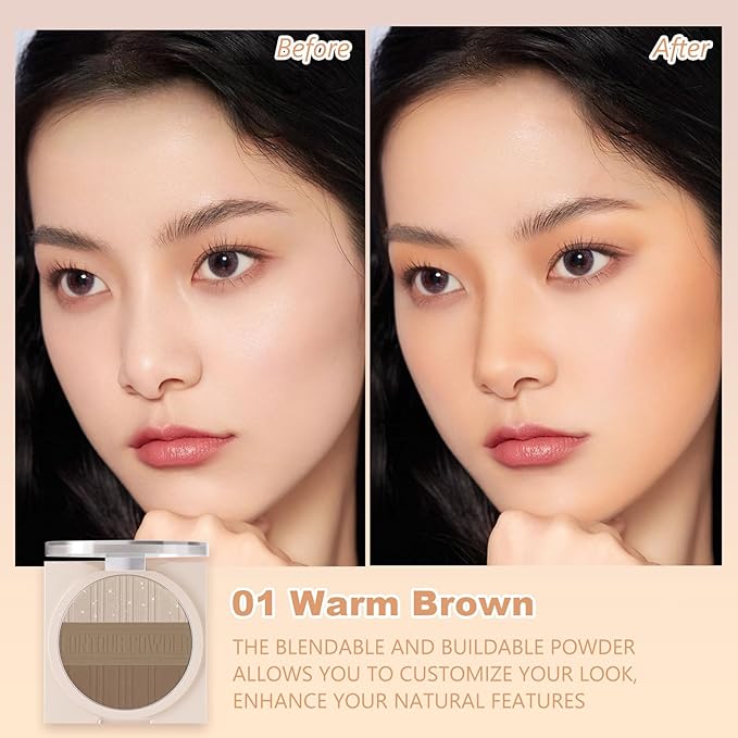 Contour Powder Makeup Palette Matte Shimmer Face Sculpting Shading Silky Smooth Tone Tuning Flawless Pressed Powder Bronzer for Warm Skin Tone, 01 Warm Brown-VivaGrace Women