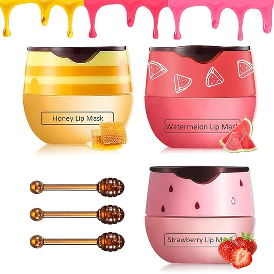 3 Pcs Bee Lip Balm Honey Pot,Honey&Strawberry&Watermelon Lip Sleeping Mask Hydrating Prevention Dry and Cracked Lip Scrubs Exfoliator Lip Care,Lip Mask Overnight Reduces Lip Lines-VivaGrace Women