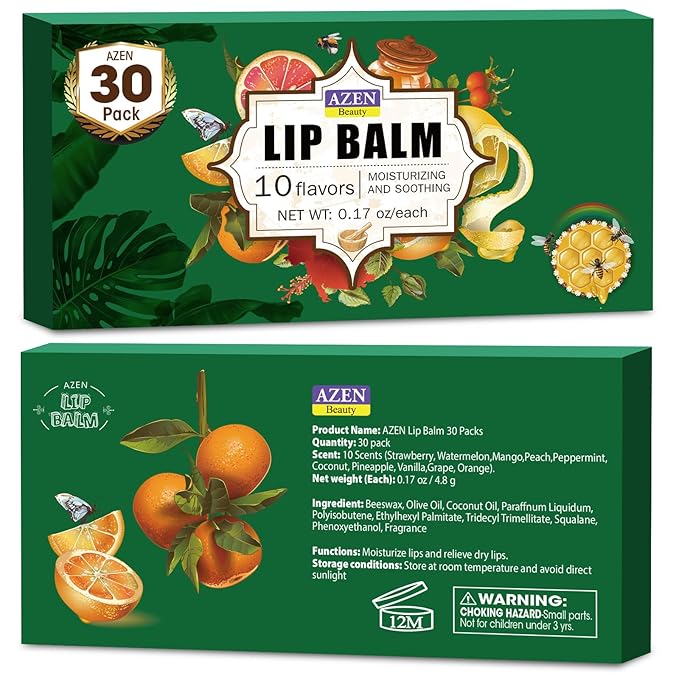 AZEN 30 Pack Lip Balm, Natural Lip Balm Bulk, Lip Care Product, Moisturizing Lip Balm for dry cracked lips - 10 Flavors-VivaGrace Women