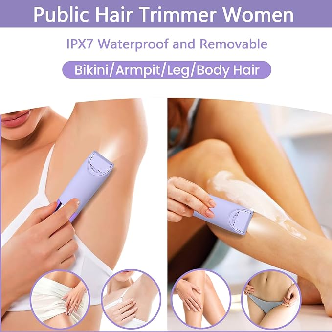 Bikini Trimmer for Women, Glow Aura Womens Shaver, Quiet Dual Head Waterproof Cordless Rechargeable Painless Trimmer for Underarms, Legs, Body (Purple)-VivaGrace Women