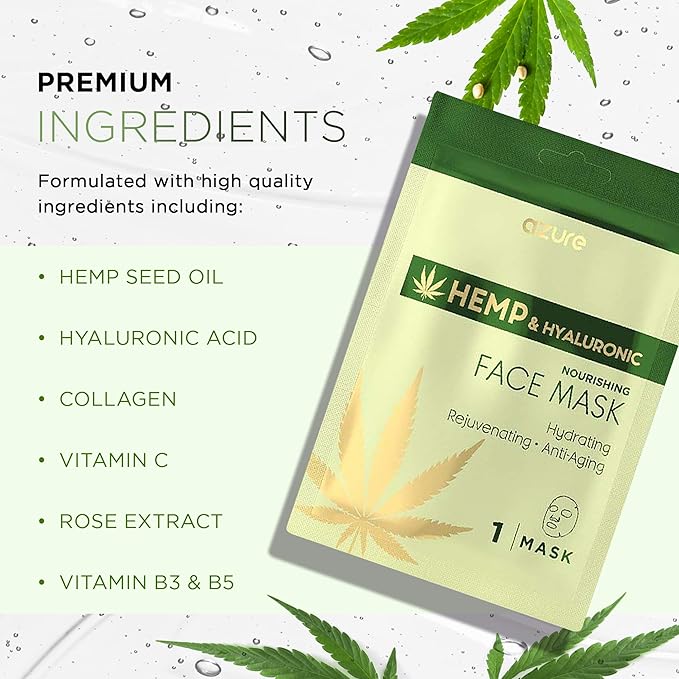 Azure Cosmetics Hemp Oil & Hyaluronic Acid Nourishing Facial Sheet - Anti Aging, Rejuvenating & Deeply Hydrating Mask - Reduces Fine Lines & Wrinkles, Locks in Moisture - Korean Skin Care - Pack of 5-VivaGrace Women