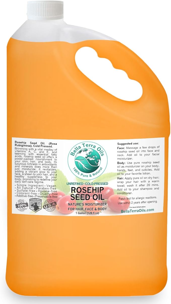 Bella Terra Oils Pure Rosehip Seed Oil – 1 gallon, Nourishing, Hydrating, Rejuvenating, Rich in Vitamins, Enhances Hair and Skin Health-VivaGrace Women