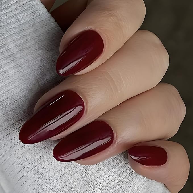 LoveOurHome 240pc Christmas Almond Press on Nails Medium Fake Nail Tips Acrylic Nails Press ons Nail Almond Burgundy Red Short Stiletto Artificial Fingernail & Glue Adhesive Tabs for Women Girls Kid