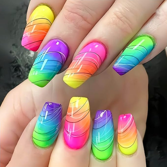Coffin Press on Nails Medium Length Fake Nails Multicolor False Nails with Designs Full Cover Glue on Nails Press ons Sparkly Artificial Nails Cute Stick on Nails for Women 24Pcs