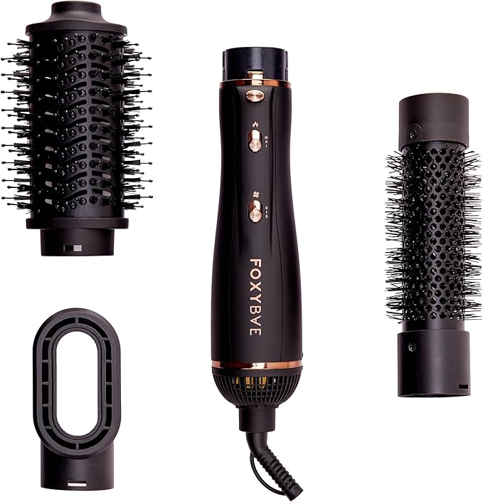 FoxyBae 3-in-1 Ceramic Interchangeable Hair Tools - Blowout Dryer - 3 Detachable Heads: 2.4" Blowout Brush, 1.5" Hot Round Brush & Drying Cylinder Hair Dryer Brush & Hair Styling Set [Black Rose-Gold]-VivaGrace Women