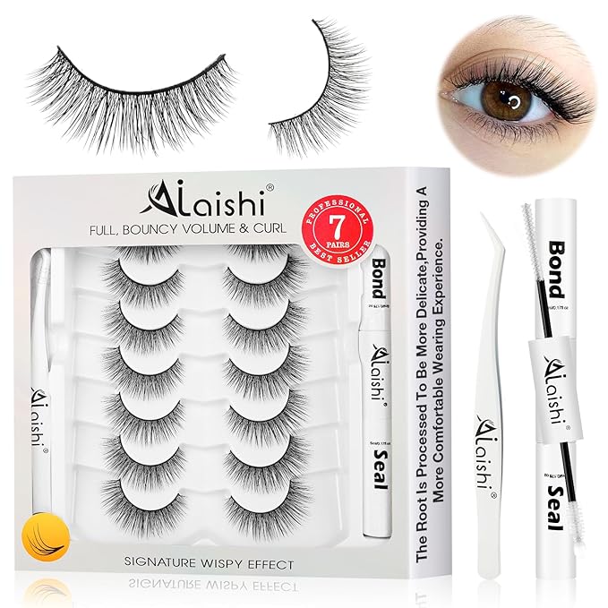 Wispy False Eyelashes Kit With Bond, Seal and Tweezer, 7 Pairs Natural Look Fake Cat Eye Lashes Strips Thin Band Extensions Waterproof Easy Eyelashes for Beginners RQ46-VivaGrace Women