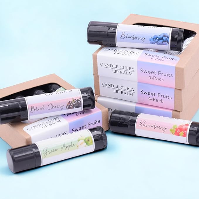 Lip Balm Sweet Fruits 4-Pack, Strawberry Blueberry Black Cherry Green Apple, Natural Beeswax, Moisturizing Lip Treatment, 4 Tubes, 0.15 oz., White-VivaGrace Women