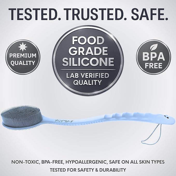 Avilana Silicone Body Scrubber – Gentle Shower Brush & Loofah Alternative- Food Grade & Lab Tested – Fast-Drying, Hygienic, BPA-Free Silicone Body Gentle Exfoliator (Blue, Long Handle)-VivaGrace Women