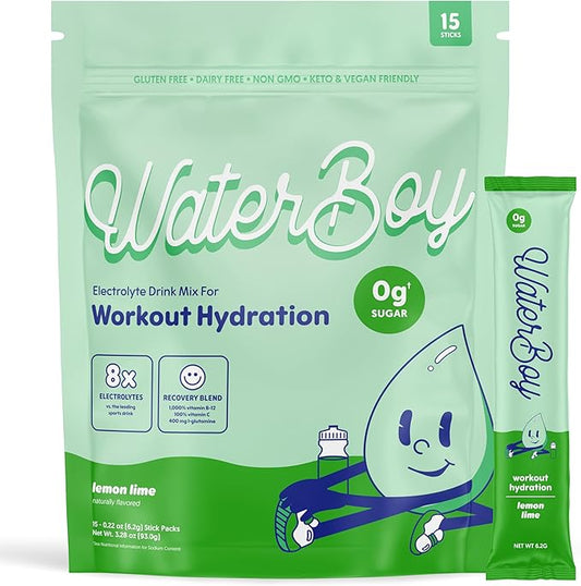 Waterboy Workout Hydration | 2,960mg Sugar Free Electrolyte Powder Packets | L-Glutamine + Vitamins | No Sugar, All Natural, Gluten Free | 15 Drink Stick Mixes (Lemon Lime)-VivaGrace Women
