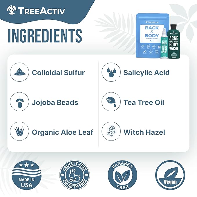 TreeActiv 90-Day Body Acne Treatment Kit, Salicylic Acid Acne Body Spray, Exfoliating Body Acne Wash, Body Acne Treatment for Back, Chest and Butt Acne Removal, Back Acne Treatment For Women and Men-VivaGrace Women