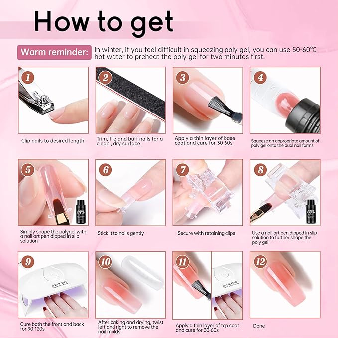 JEWHITENY Poly Extension Gel Nail Kit 14 PCS Poly Gel Kit with Slip Solution and Mini Lamp Nail Art Design Beginner-VivaGrace Women