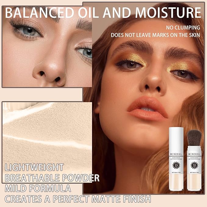 Mineral Sunscreen Setting Powder, SPF 35 Translucent Loose Powder, Mineral Brush Powder, Oil Control Natural Matte Finish, Lasting Lightweight Breathable for All Skin (#02 Fair)-VivaGrace Women