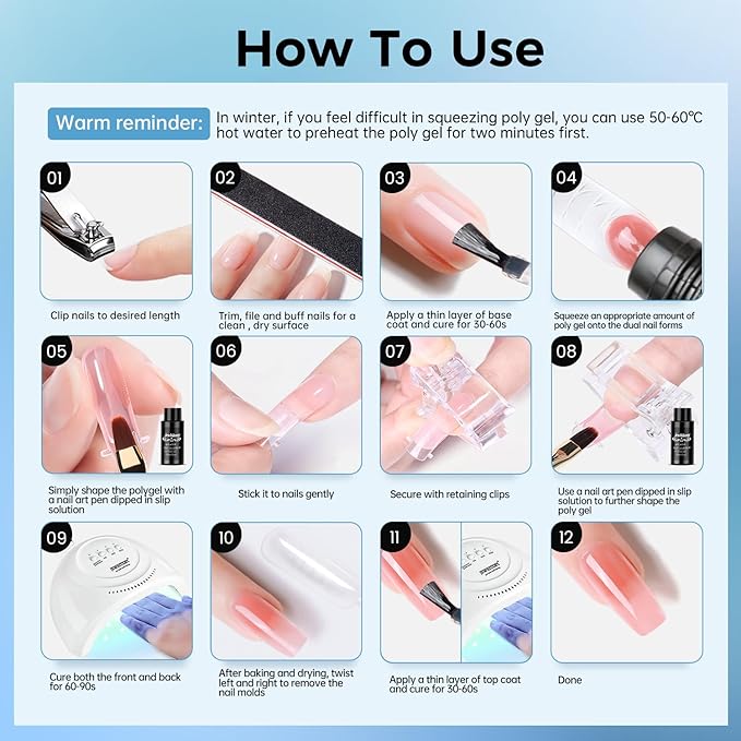 JEWHITENY Poly Nail Gel Kit 14 Colors Purple Nude Grey Black Blue Glitter Tones Starter Kit with UV Lamp Matte & Glossy Top & Base Coat All-in-One Designs DIY At Home-VivaGrace Women