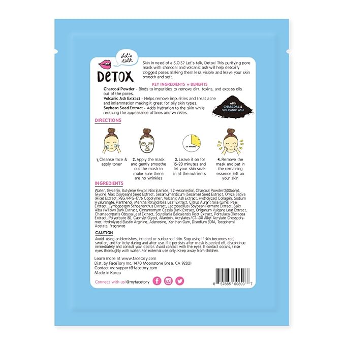 FACETORY K Beauty Face Mask Skin Care - LET'S TALK DETOX PURIFYING Sheet Mask with Charcoal & Volcanic Ash | Pore Refining Charcoal Face Mask (10 Pack)-VivaGrace Women