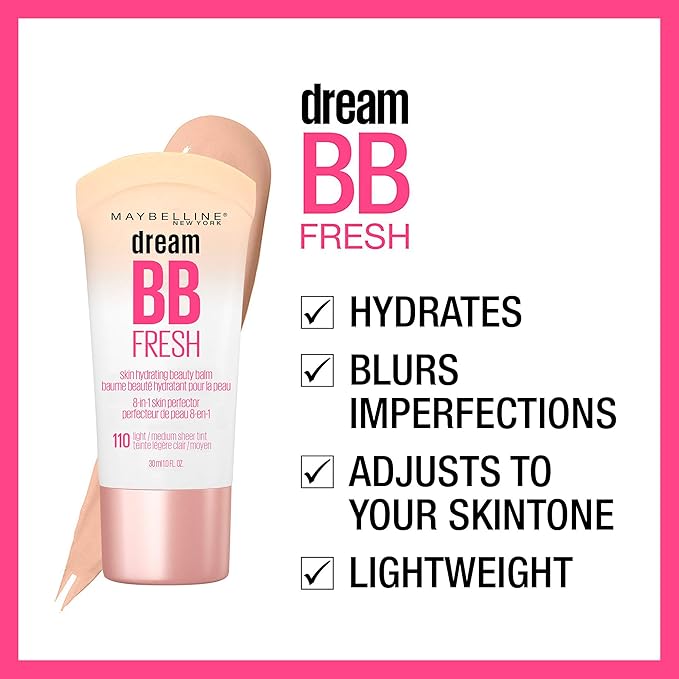 Maybelline Dream Fresh Skin Hydrating BB cream, 8-in-1 Skin Perfecting Beauty Balm with Broad Spectrum SPF 30, Sheer Tint Coverage, Oil-Free, Medium, 1 Fl Oz-VivaGrace Women