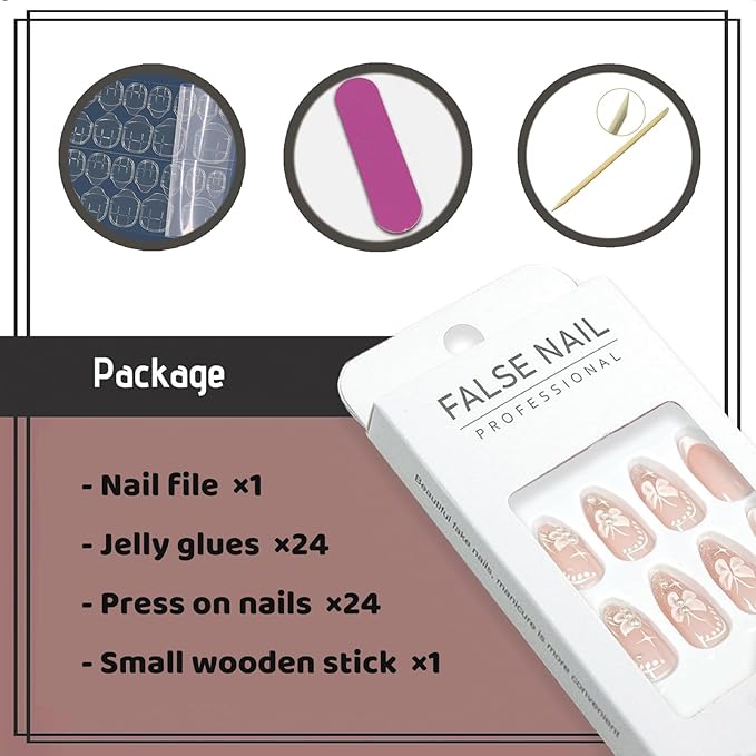 Medium Fake Nails Almond Press on Nails with Butterfly Designs French Tip Glossy Glue on Acrylic Nails Nude Full Cover Stick on Nails for Women and Girls