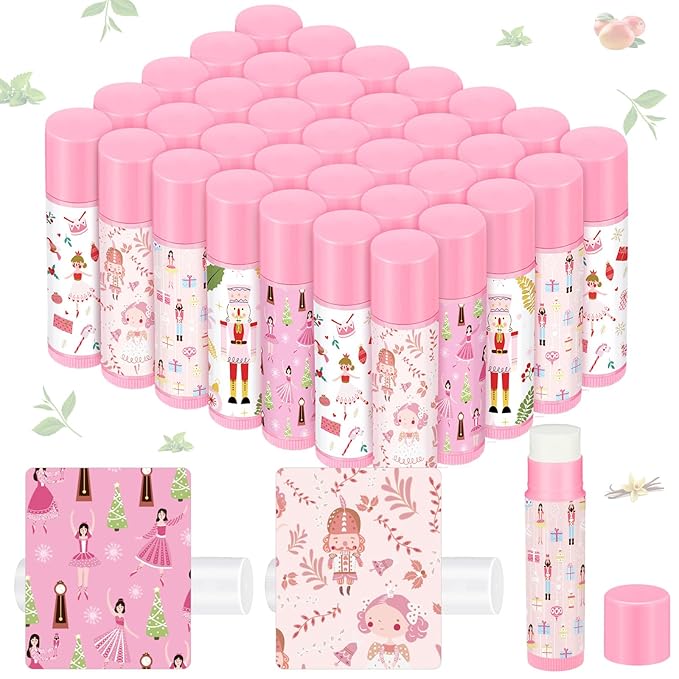 Dunzy 50 Pcs Christmas Lip Balm Gifts Bulk Pink Christmas Nutcracker Themed Lip Balm Xmas Lip Moisturize for Lip Care Xmas Holiday Party Stocking Stuffers, 5 Flavors-VivaGrace Women