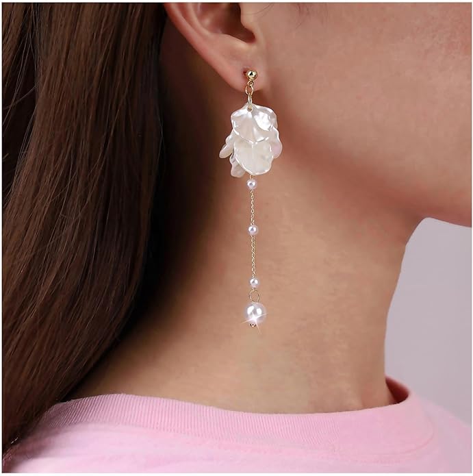 Vintage Pearl Flower Drop Earrings Long Pearl Chain Earrings Gold Pearl Tassel Earrings White Flower Dangle Earrings Jewelry for Women-VivaGrace Women