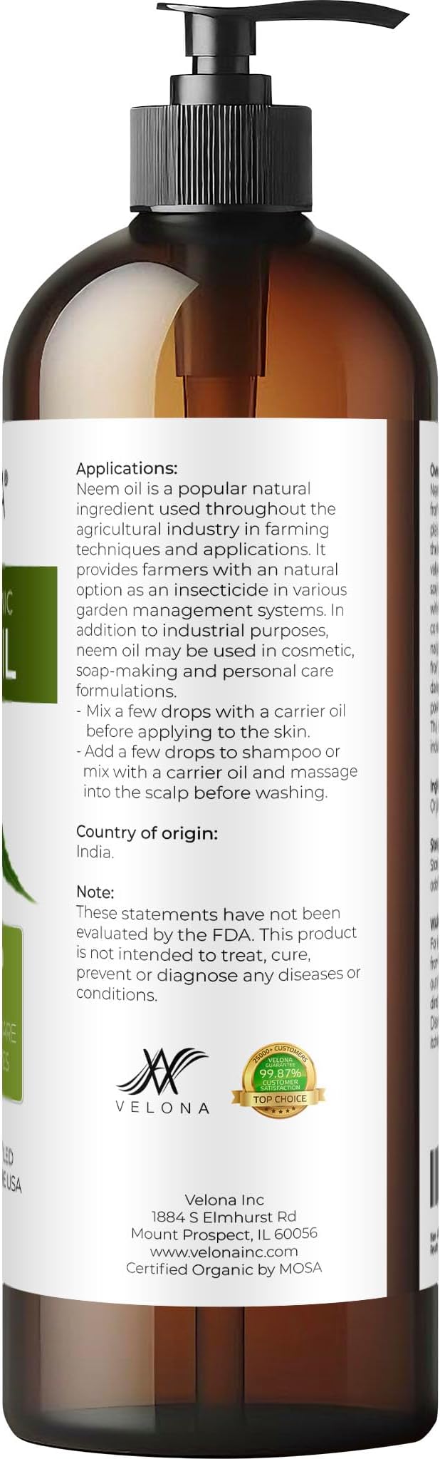 velona Neem Oil USDA Certified Organic - 16 Fl Oz | 100% Pure and Natural Carrier Oil | Virgin, Unrefined, Cold Pressed | Hair, Body and Skin Care | Use Today - Enjoy Results-VivaGrace Women